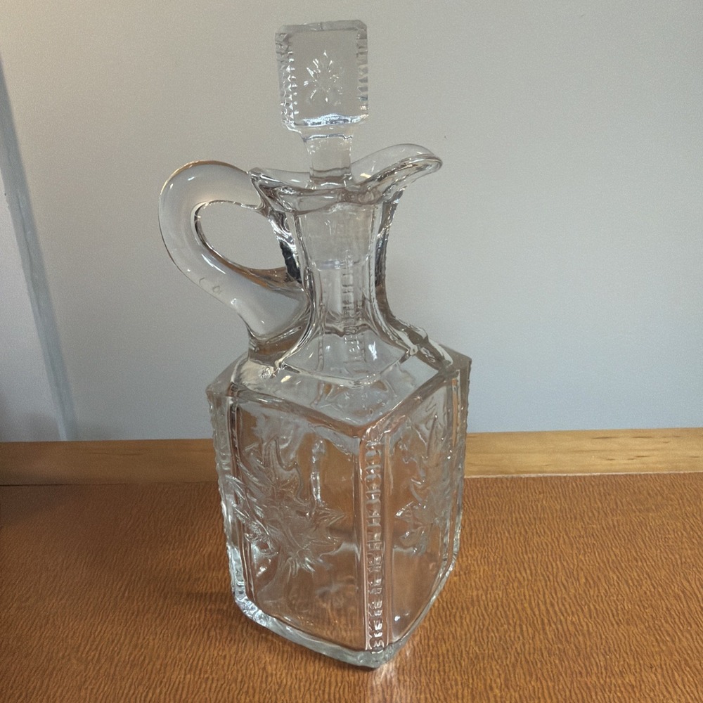 Antique EAPG Flint Glass Square Maple Leaf Decanter Pitcher Bottle Stopper 9.5"